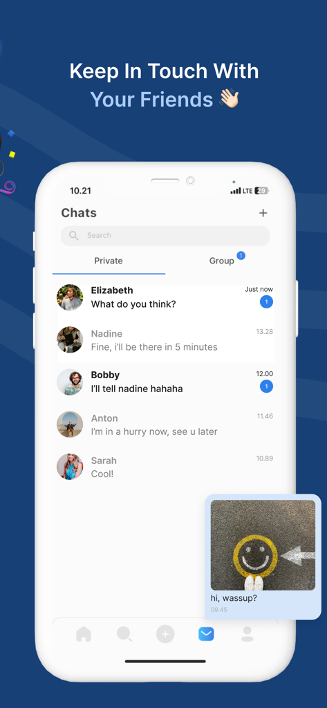 Woilo : Photo, Video, Chat - Woilo app screen displaying private chat messages and group conversation tabs