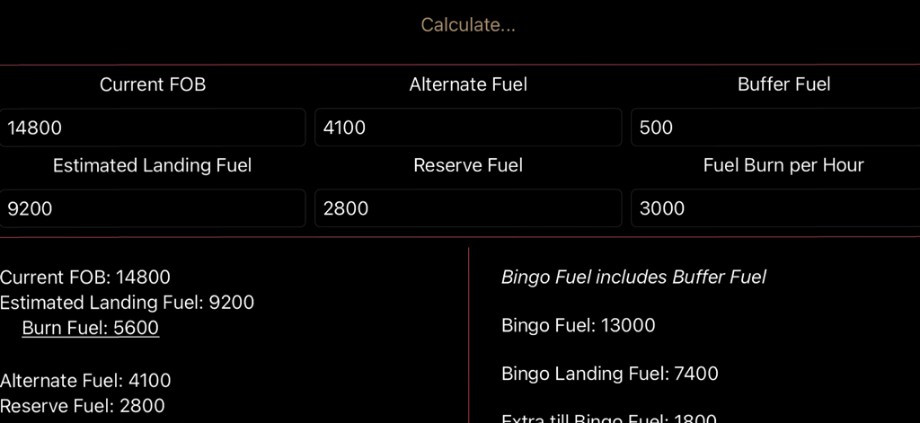 Bingo Fuel for Pilots - Aviation fuel calculator screen for pilots showing flight fuel metrics