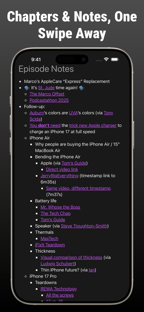 Podcast App: Updates - Notas detalladas del episodio de podcast y vista de capítulos en una pantalla de teléfono inteligente