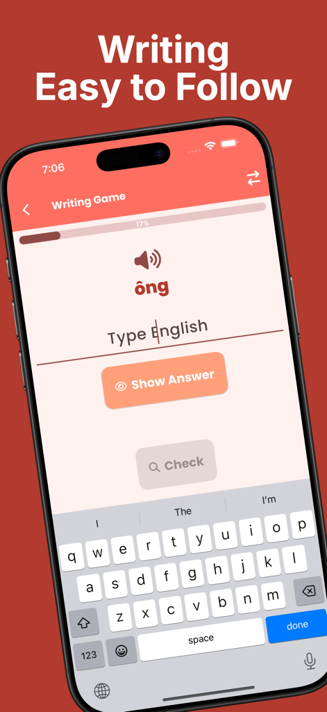 Learn Vietnamese For Beginners - A screenshot of a writing game in the Learn Vietnamese For Beginners app where users translate words from Vietnamese to English.