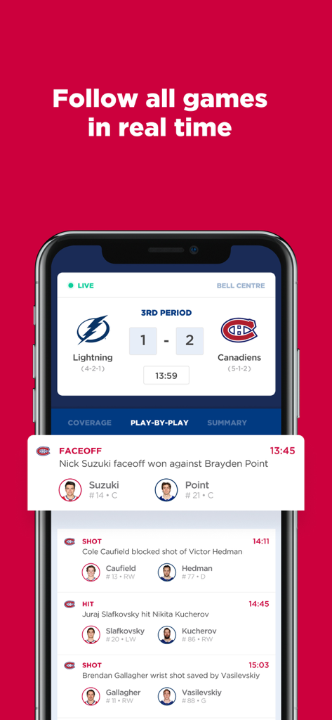 Montréal Canadiens - Pantalla de un teléfono inteligente que muestra puntuaciones en vivo y actualizaciones jugada por jugada en la aplicación oficial de los Canadiens de Montréal