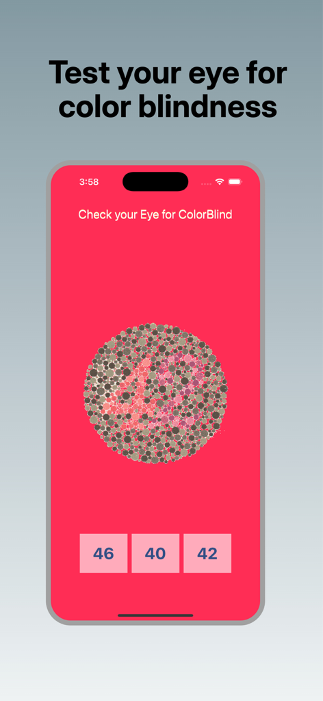 Check your Eye for ColorBlind - Una pantalla de aplicación móvil mostrando una lámina de test de visión de color Ishihara con el número 42