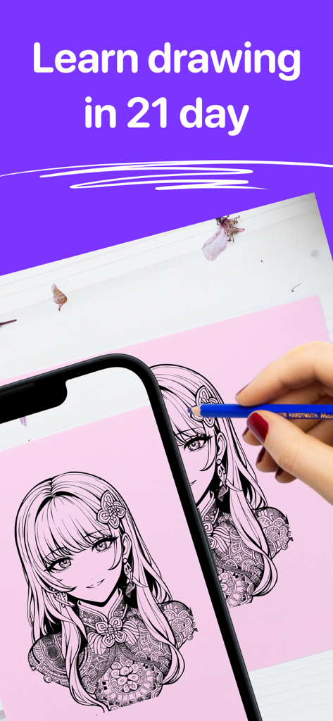 ARtie: AR Drawing & Sketch - Une personne utilisant l'application ARtie sur un iPhone pour tracer le croquis d'une fille d'anime sur papier à l'aide de la réalité augmentée.