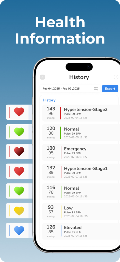 Blood Pressure Tracker Bp log - Un registro cronologico dettagliato delle letture della pressione sanguigna che mostra numeri sistolici, diastoliche, polso e categorie di stato di salute.