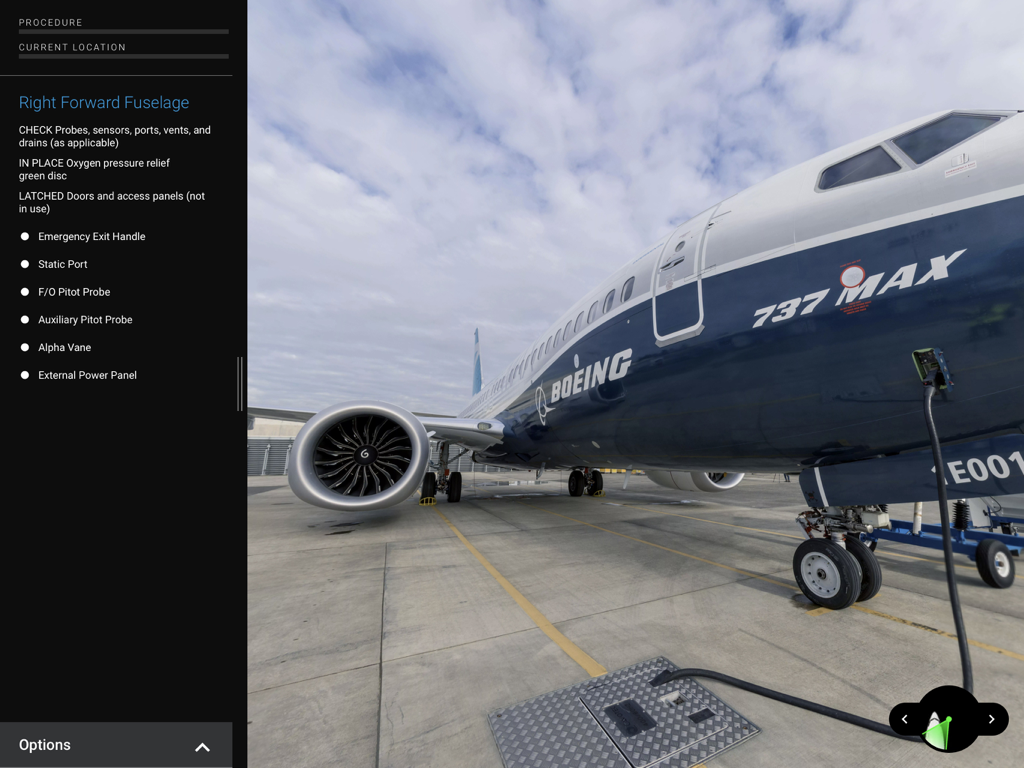 Außeninspektionsverfahren für die Boeing 737 MAX mit Checkliste in der VA Procedures Trainer App.