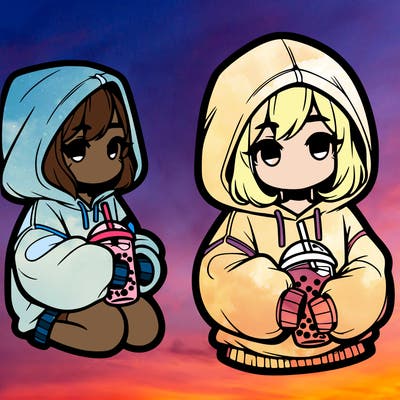 oversized hoodie girl with boba