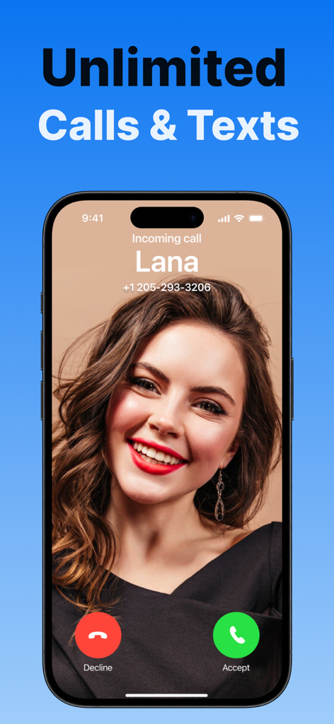 Second Phone Number . 2nd Line - Smartphone screen showing an incoming call on the Second Phone Number app with the headline Unlimited Calls and Texts