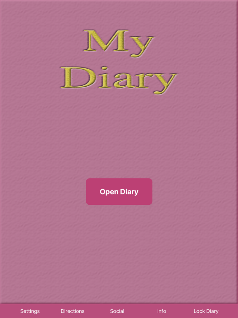 My Private Diary - Main home screen of My Private Diary app on iPad featuring a pink textured background and an Open Diary button