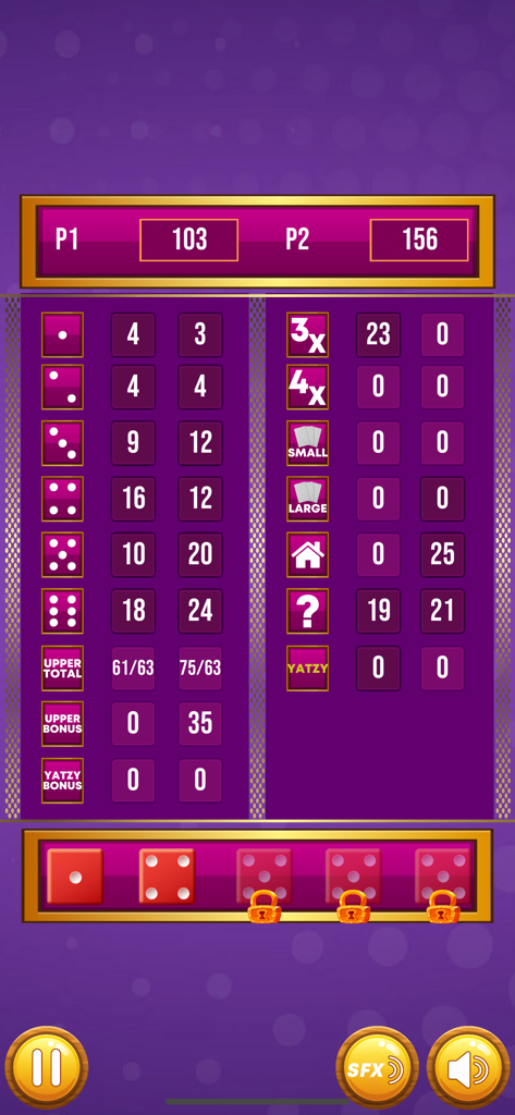 Yatzy Pro - Scorecard and dice during a two player game session in Yatzy Pro