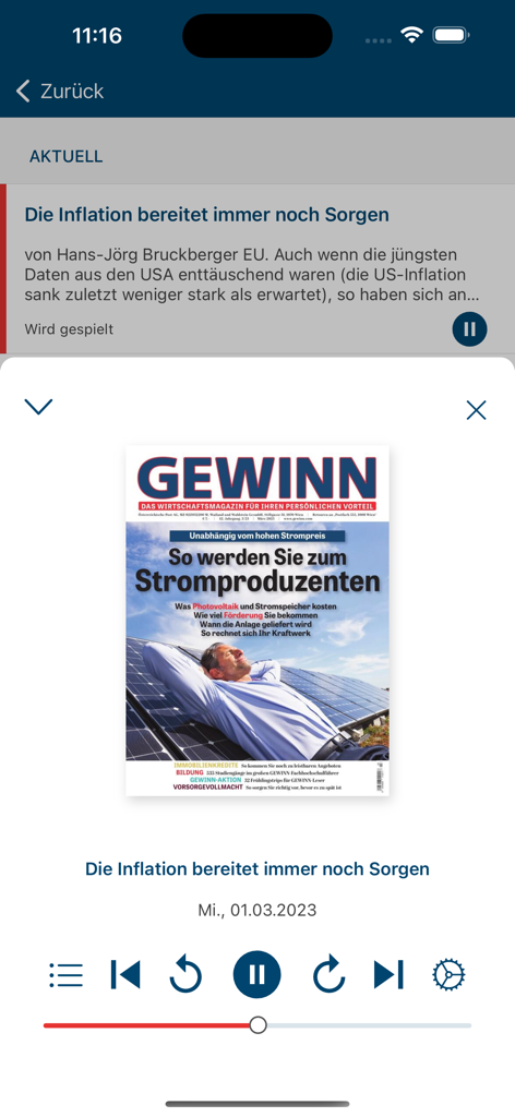 GEWINN: Das Wirtschaftsmagazin - GEWINNビジネス雑誌アプリのオーディオプレーヤーインターフェース