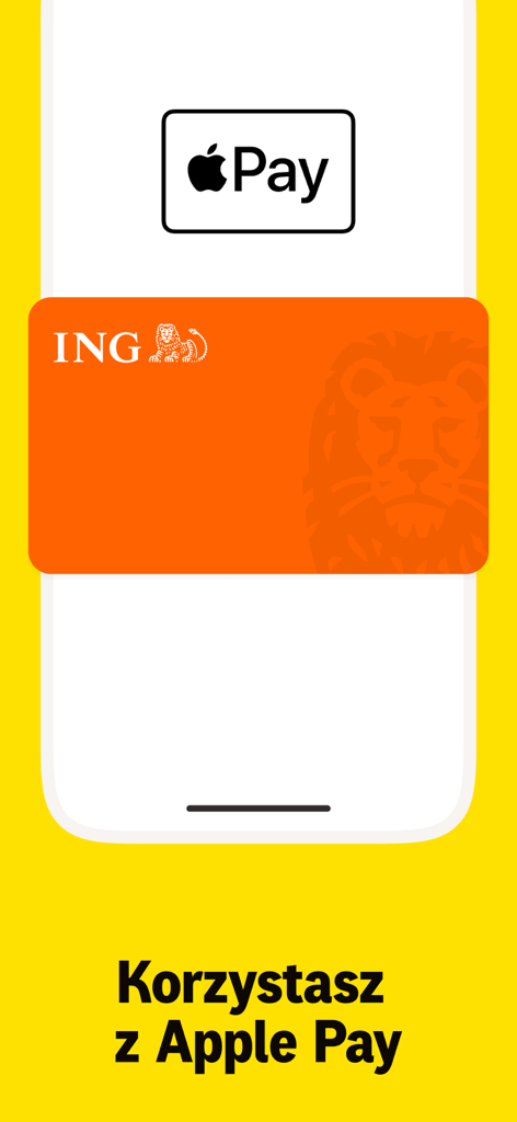 Moje ING mobile app screen showing Apple Pay integration with an orange ING card