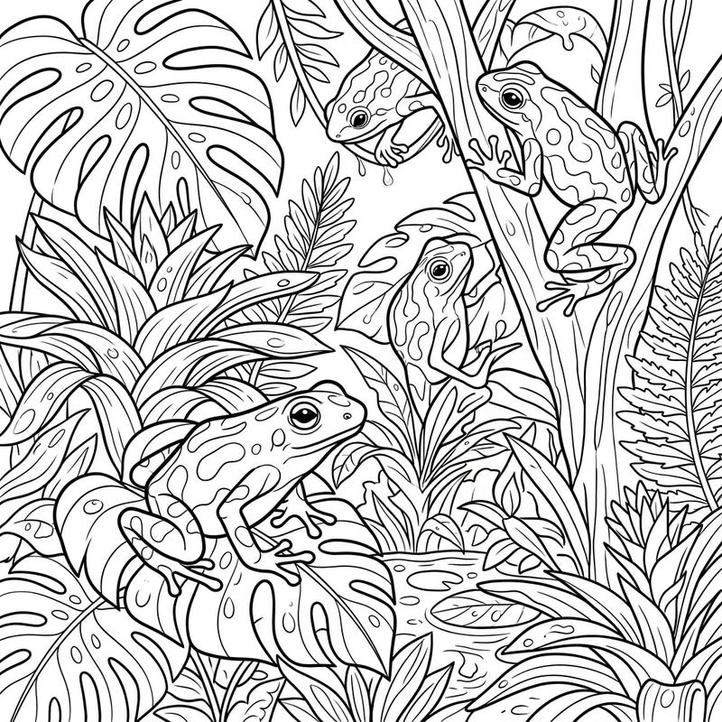 This captivating coloring page invites seniors to explore the exotic beauty of poison dart frogs in a lush jungle setting. Designed with clear, bold outlines, it offers an engaging and relaxing coloring experience.