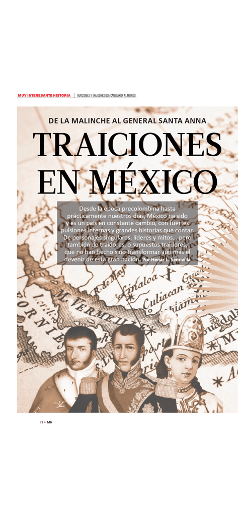 Muy Interesante Historia - Artigo de revista digital sobre traições históricas no México com ilustrações de figuras históricas e um fundo de mapa antigo.