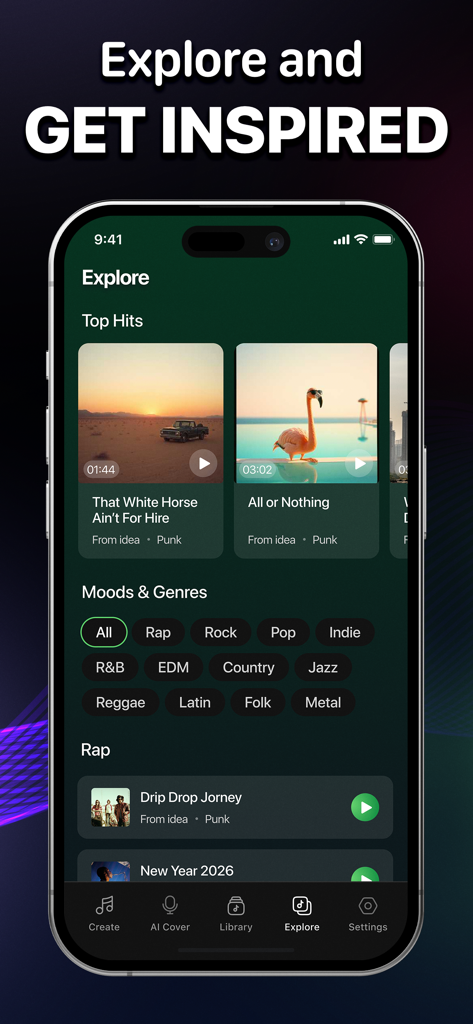 Beatz: AI Song・Cover Generator - Beatz AI music app explore screen showing trending songs and genre categories