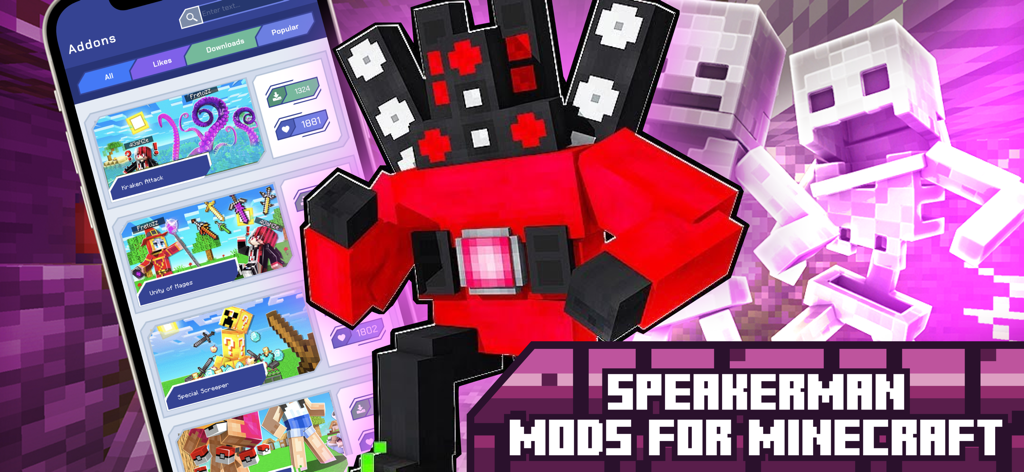 Interfaz de la aplicación de addons de Minecraft con un mod de Speakerman y personajes esqueleto