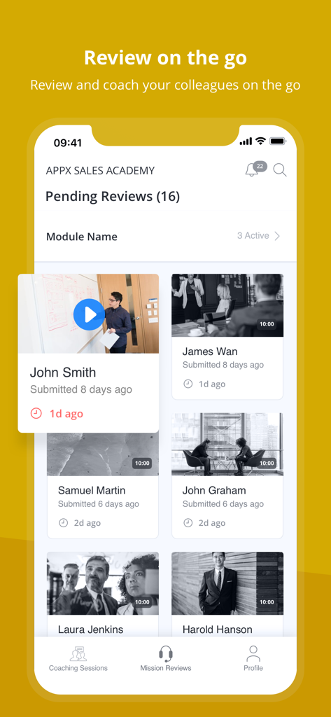 Mindtickle - A mobile app interface displaying a list of pending sales coaching video reviews for professional training.