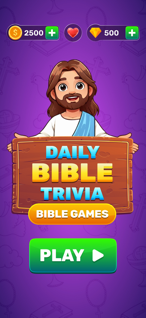 Bible Quiz Trivia Game home screen with cartoon Jesus and a green play button