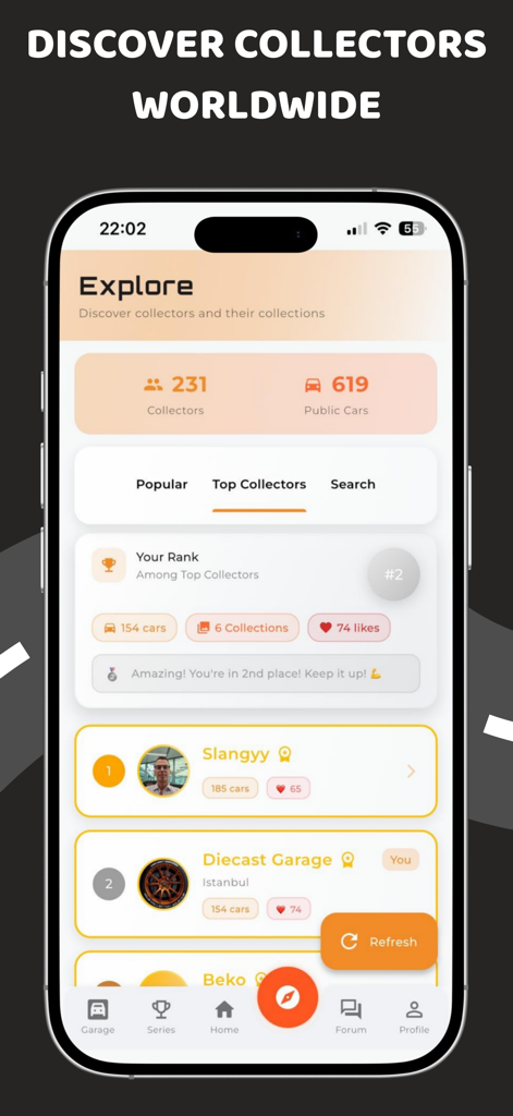 Diecast Hub app showing a global leaderboard of top diecast car collectors and their rankings.
