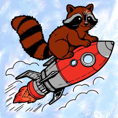 realistic raccoon flying on top rocket ship