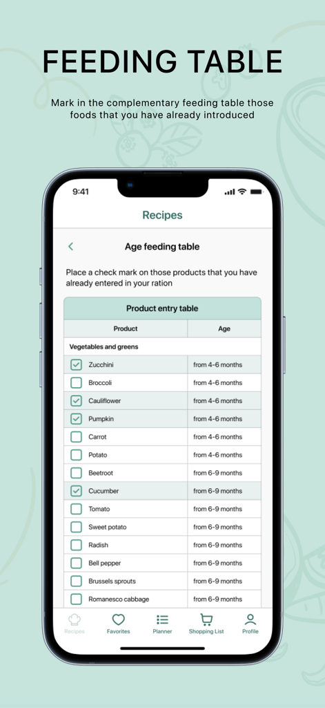 Baby Plates app interface showing a weaning chart and age feeding table for tracking baby food introduction