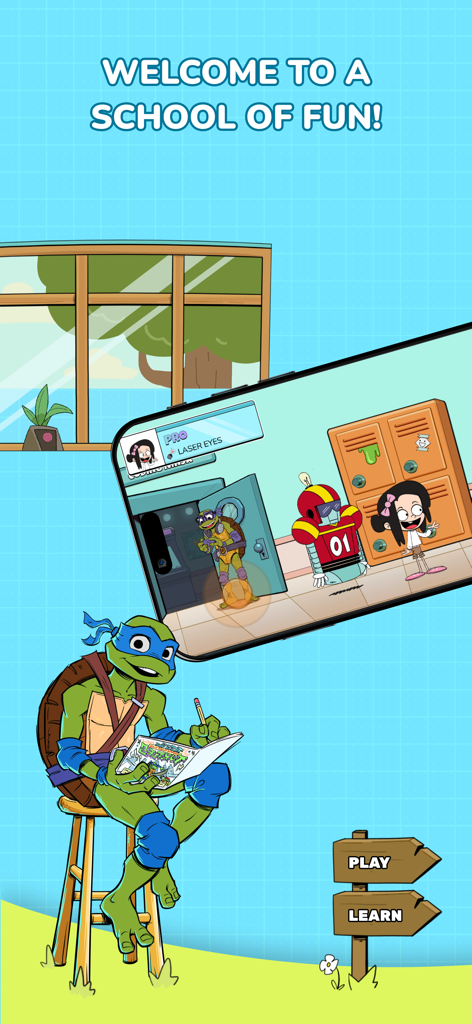 Nick Academy - Welcome screen of Nick Academy featuring Teenage Mutant Ninja Turtles and play and learn signposts