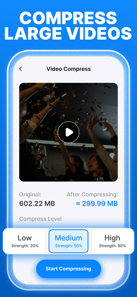 Cleaner Pro app interface showing the video compression feature reducing a large video file size to save storage