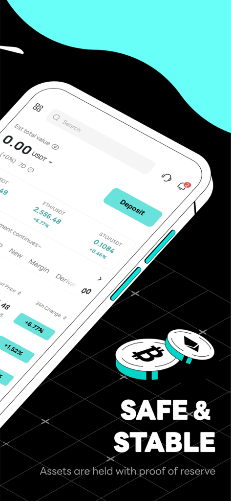 DigiFinex - crypto exchange - DigiFinex 모바일 앱 인터페이스는 준비금 증명으로 안전하고 안정적인 자산 관리를 강조합니다.