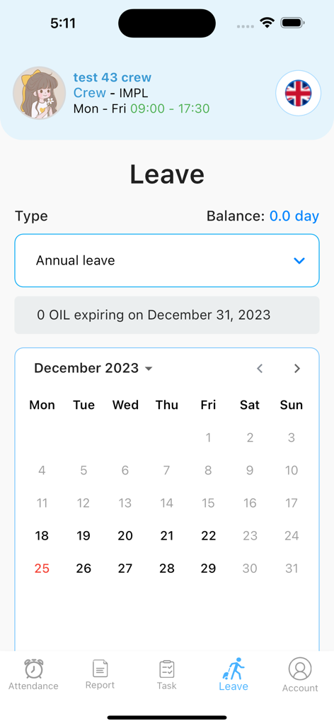 IMPL ERP - Interfaz de la aplicación IMPL ERP para gestionar solicitudes de licencia de empleados con vista de calendario y saldo de licencia anual.