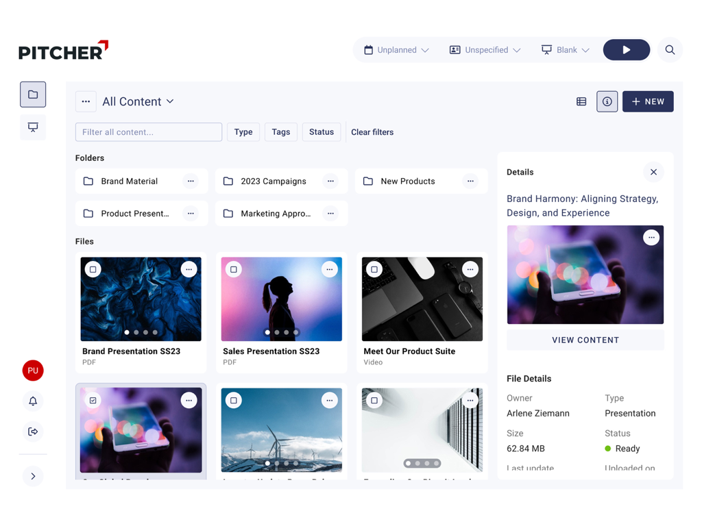 Pitcher CatalogIQ - Pitcher CatalogIQ dashboard showing folders and thumbnails for sales presentations and marketing content