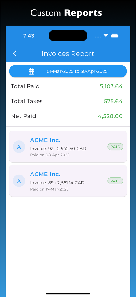 A mobile screen from the Invoicing 24/7 app showing a summary of paid invoices taxes and net income for a specific date range