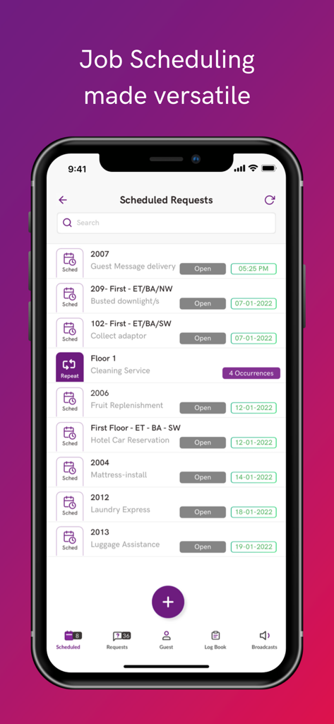 MessageBox app showing scheduled hotel task requests and job scheduling