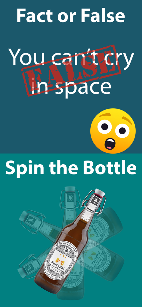 PartyPal app interface with Fact or False trivia and Spin the Bottle game