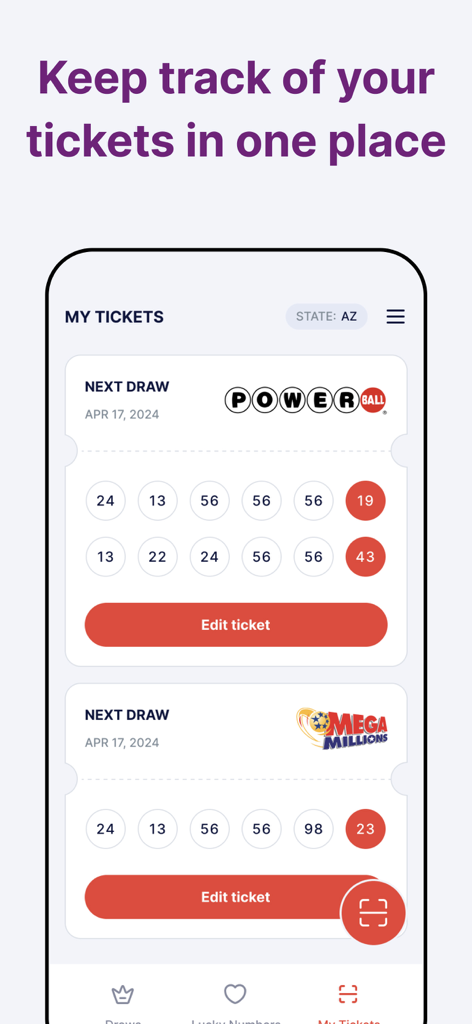 Ein mobiler App-Bildschirm, der verfolgte Lotterielose für Powerball und Mega Millions anzeigt