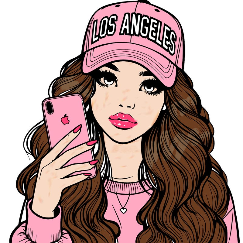 realistic beautiful girl wearing los ángeles cap holding an iphone