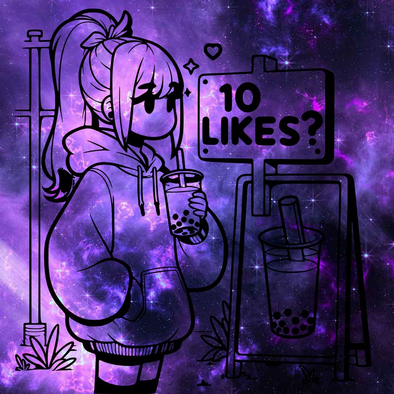 girl with oversized hoodie drinking boba and she has a high ponytail with a sign that says 10likes?