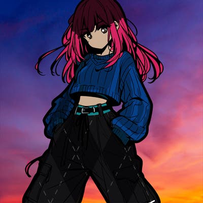 anime teen girl with baggy pants and crop top with sweater