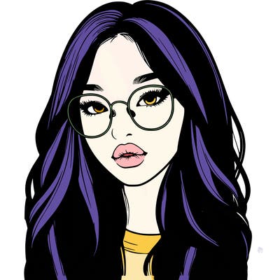 realistic korean girl with long hair, glasses and big lips