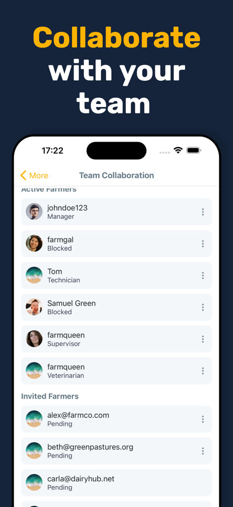 Livestock Manager Farm Tracker - Livestock Manager app screen showing team collaboration features and user roles