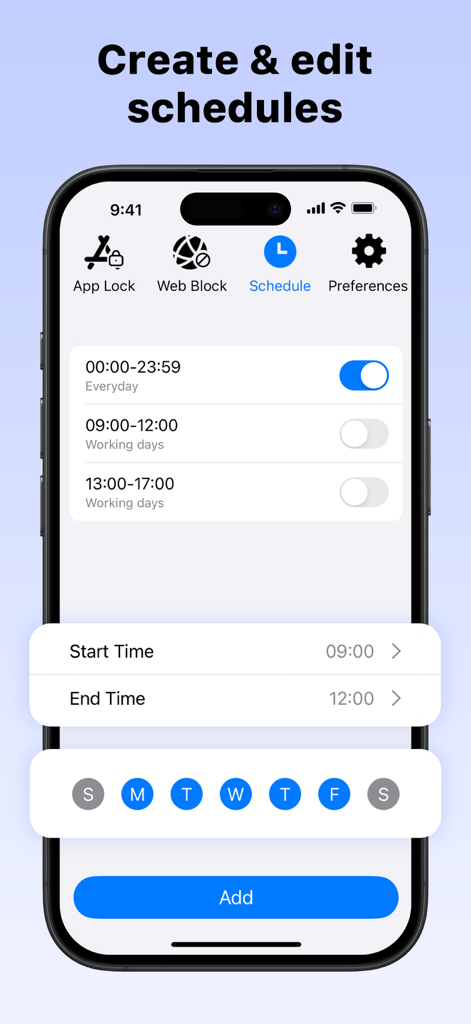 AppCrypt interface for creating and editing app and website blocking schedules