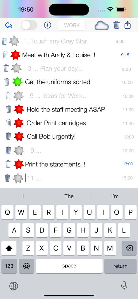 QuickStar - QuickStar app mobile interface showing a work task list with red and green status stars and an active keyboard