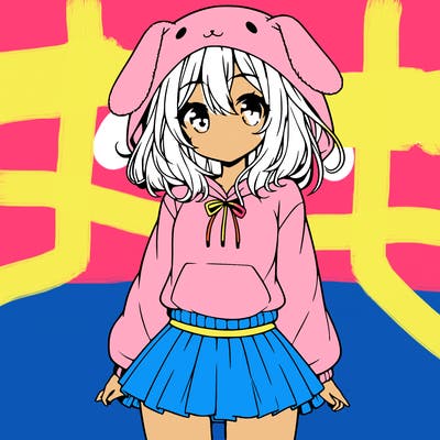 pretty anime girl wearing a fluffy hoodie with bunny ears on the hood and a skirt
