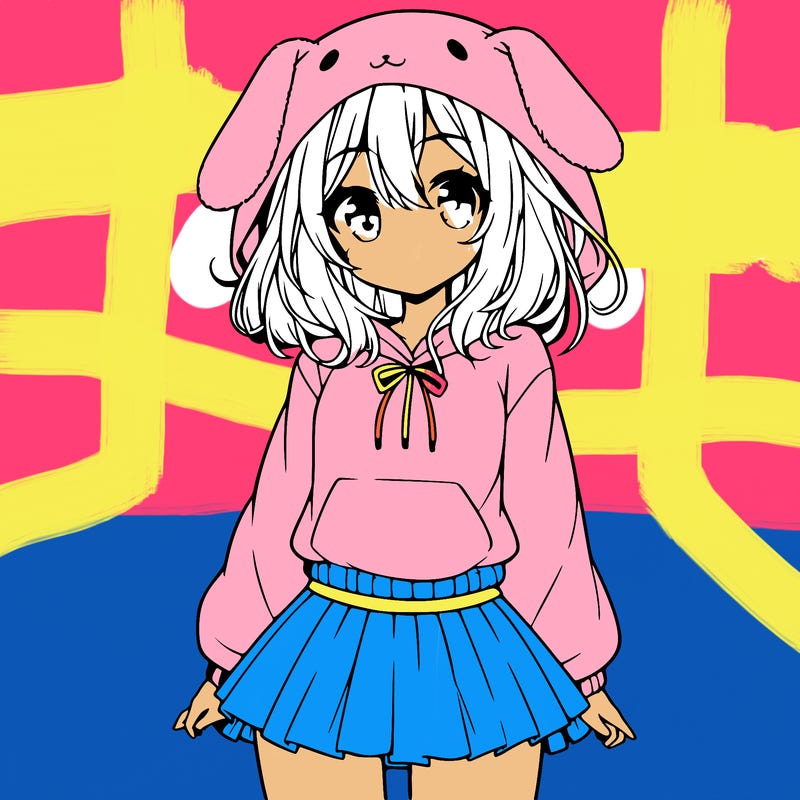 pretty anime girl wearing a fluffy hoodie with bunny ears on the hood and a skirt