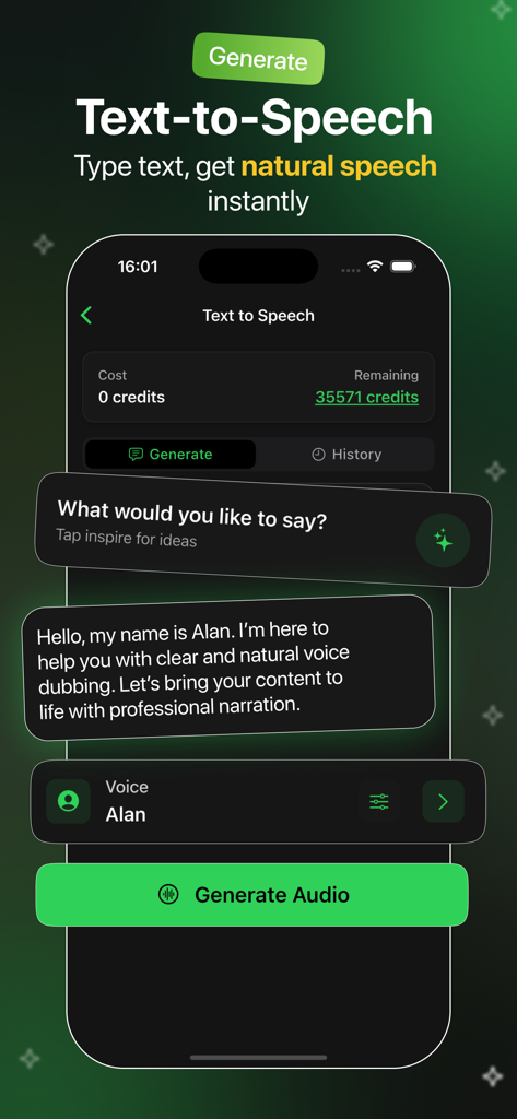 AI Voice Changer - TTS - User interface of the AI Voice Changer app showcasing the text to speech feature with a prompt to generate audio