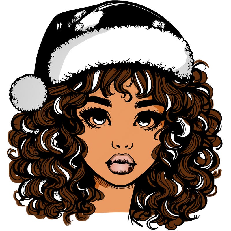 realistic girl with a santa hat curly hair and lips
