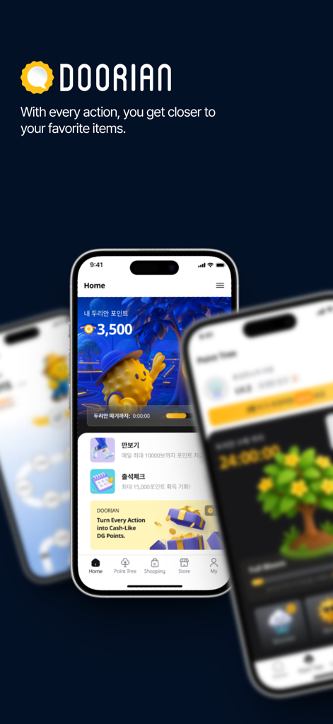 Doorian Global app interface showing reward points and shopping features for healthy lifestyle actions