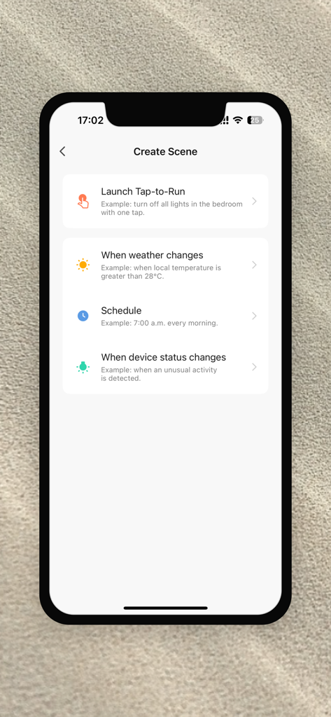 Create Scene screen in the AURUMBACH SMART app showing automation options for scheduling and device status changes