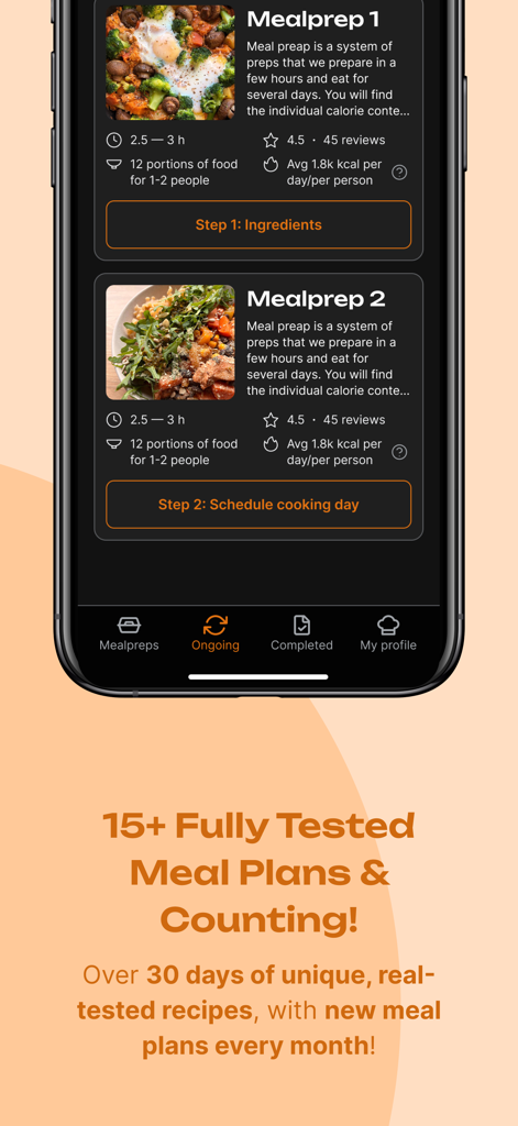 Mealpreper Guide: Plan & Cook! - Interface da aplicação Mealpreper Guide mostrando uma lista de planos de preparação de refeições testados com tempos de preparação e detalhes nutricionais