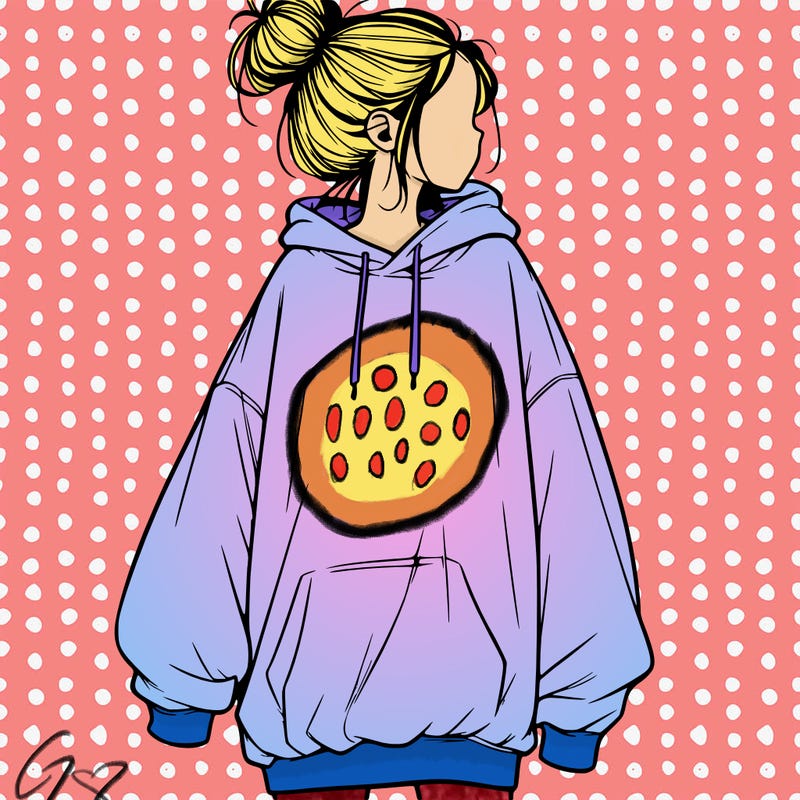 realistic girl with a oversized sweatshirt on and a bun
