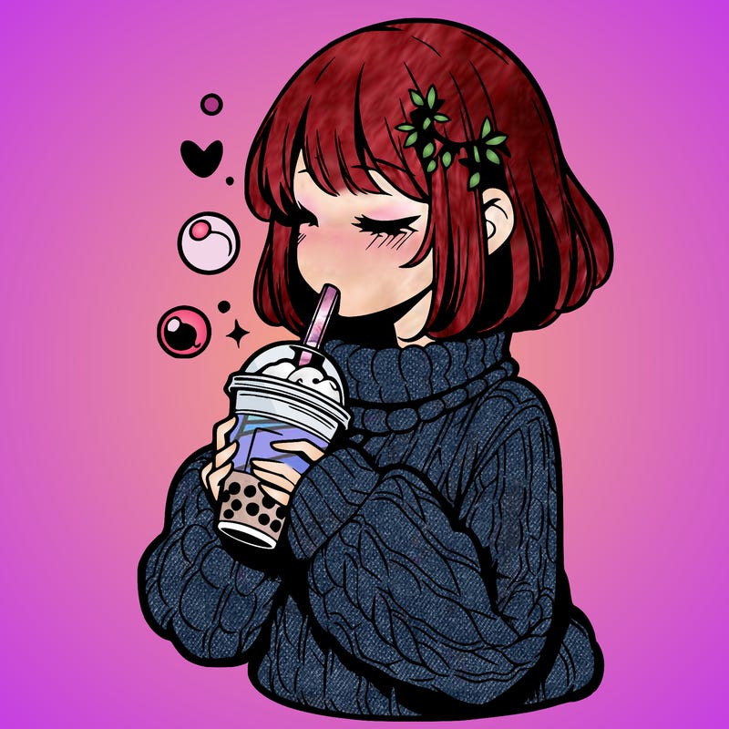 manga girl drinking boba in cozy sweater