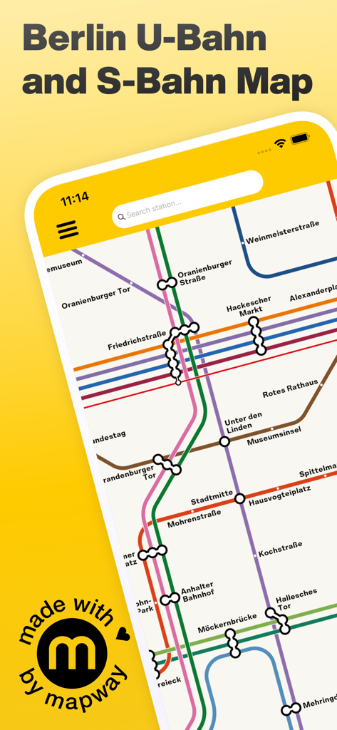 ベルリンのUバーンとSバーンの地下鉄ネットワークマップがスマートフォンの画面に表示されています